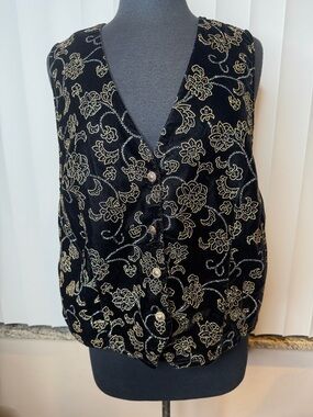 Impressions Vintage Black Floral Gold Metallic Accent Women's Vest Size Large